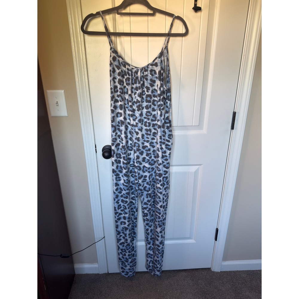 Zenana Blue Leopard Print Jumpsuit XL Spaghetti Strap Animal Print Wide Leg XL